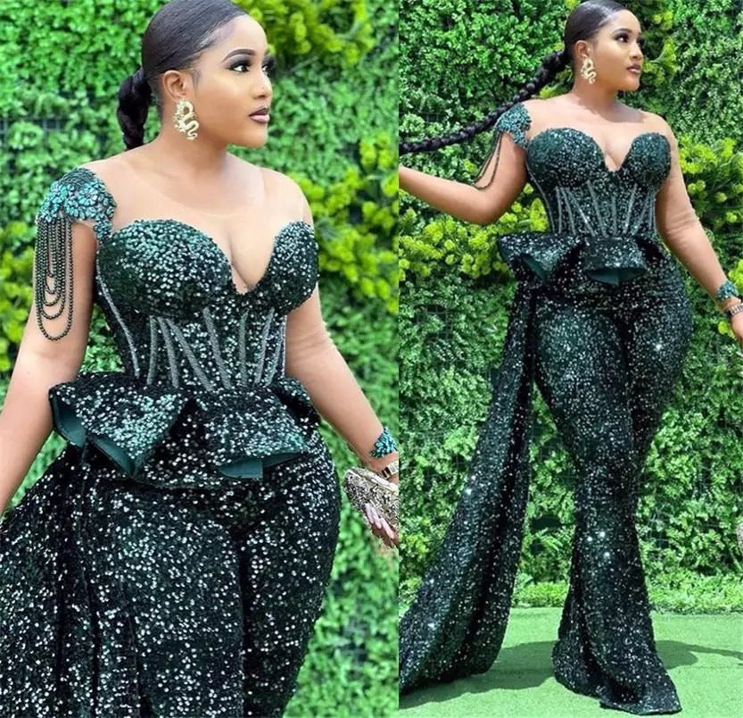 Hunter Green Jumpsuits Prom Dresses Sheer Neck Sequined Luxury African –  Oceanglam Boutique