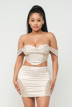 Load image into Gallery viewer, OFF SHOULDER SATIN &amp; LACE TOP WITH MINI SKIRT SET