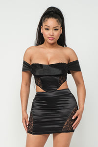 OFF SHOULDER SATIN & LACE TOP WITH MINI SKIRT SET