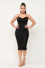 Load image into Gallery viewer, STRIPE BURNOUT COWL NECK MESH &amp; SUEDE MIDI DRESS
