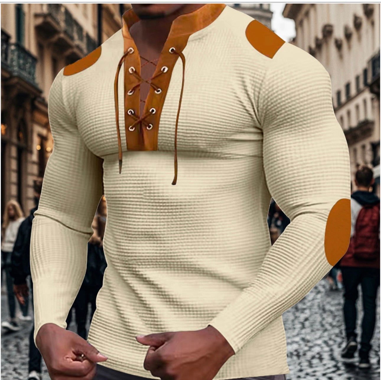 Kings Waffle Pullover Long Sleeve Lace Up Band Collar