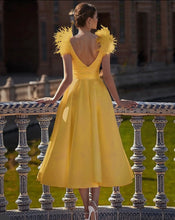 Load image into Gallery viewer, Yellow Grown with flare elegant feather Midi dress