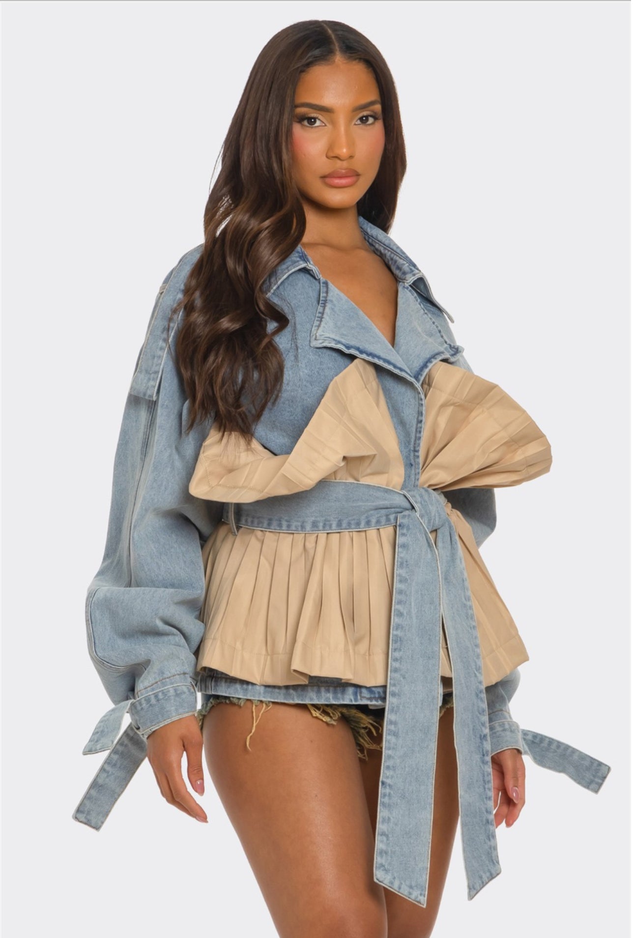 Fall Pleated Contrast Denim Jacket