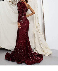 One Shoulder Off Cutout Formal Sequin Prom Dress Floor-Length Mermaid Maxi Party Gow