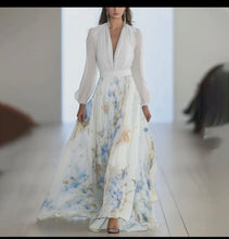Load image into Gallery viewer, Women V neck puff sleeve statement print A- Line maxi dress