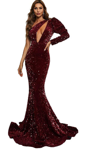 One Shoulder Off Cutout Formal Sequin Prom Dress Floor-Length Mermaid Maxi Party Gow