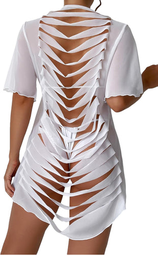 Ocean Mesh Bathing Suit Cover Ups Ripped See Through Swimsuit Short Beach Dres