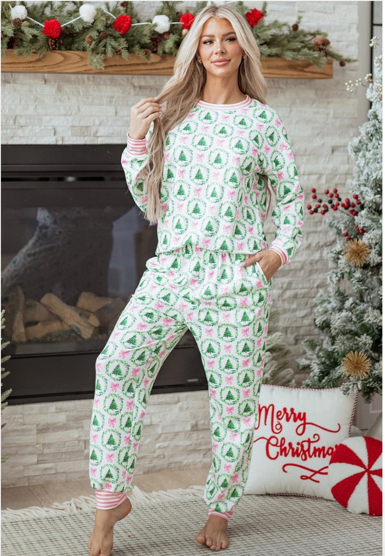 Christmas Tree Bow Top And Pants Lounge Set