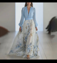 Load image into Gallery viewer, Women V neck puff sleeve statement print A- Line maxi dress