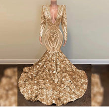 Load image into Gallery viewer, Deep V-Neck Long Sleeves Sequined Mermaid Organza Prom Evening
