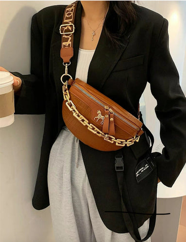 Crocodile embossed chain decor sling bag