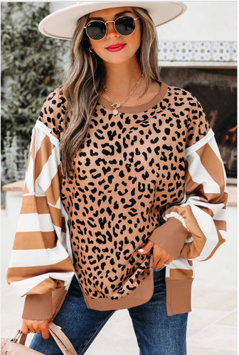 Stripe ColorBlock Patchwork Leopard Sweatshirt