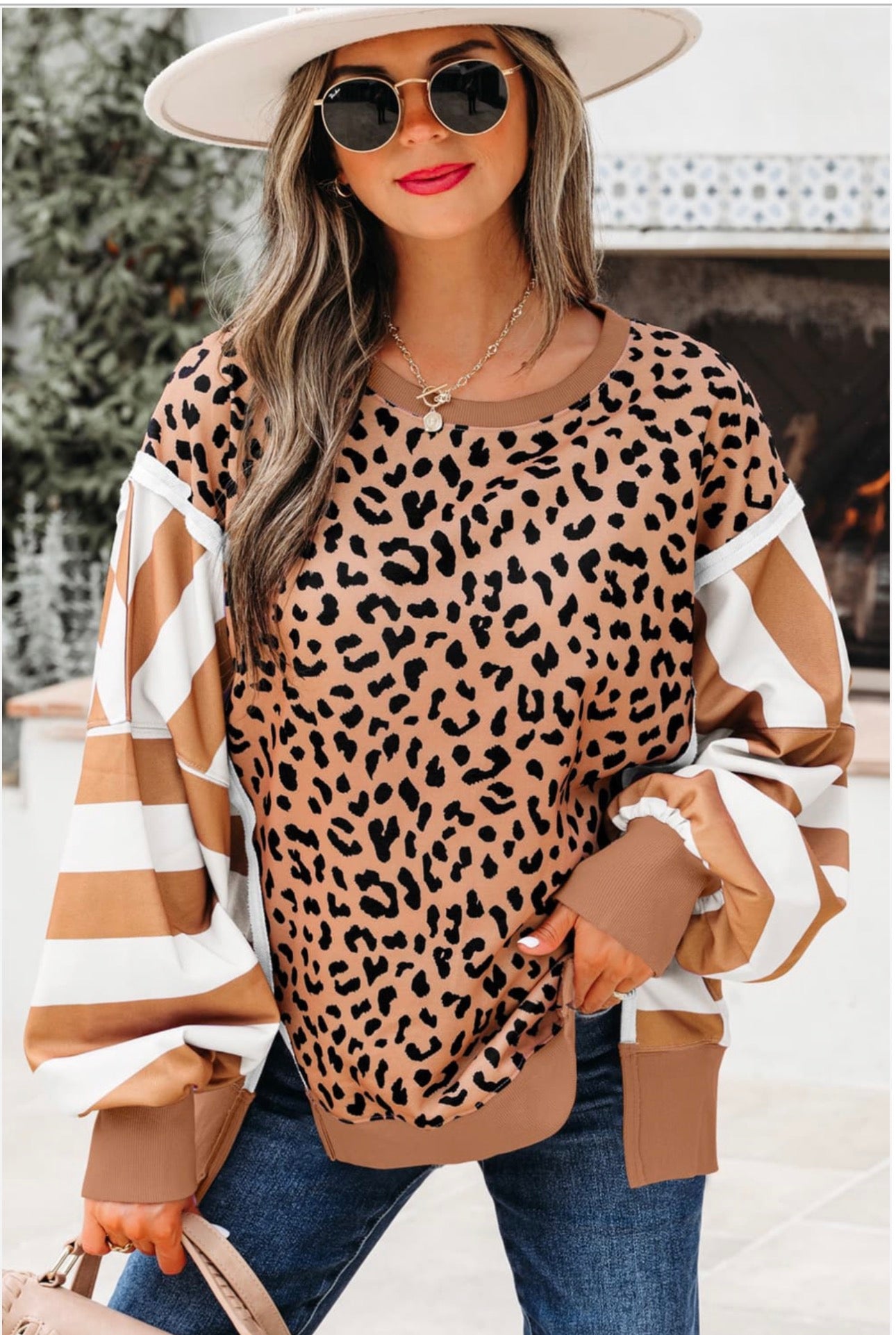 Stripe ColorBlock Patchwork Leopard Sweatshirt
