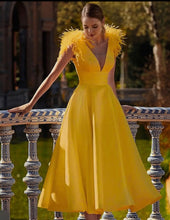 Load image into Gallery viewer, Yellow Grown with flare elegant feather Midi dress