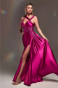 Fitted Satin Gown with Lace Detail