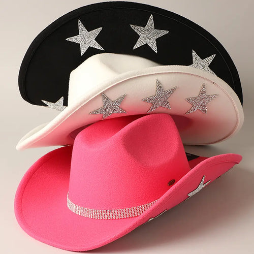 Vegan Felt Star Rhinestone Trim Cowboy Hat