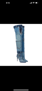 Luxury Brand Over The Knee Boots Sexy Ladies Blue Denim Pocket Pointed Toe High Heels
