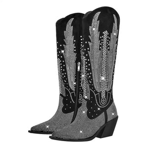 Black Knee High Rhinestone Boots Western Cowboy Boots Glitter Bling Shiny Block Heel Handmade Boots