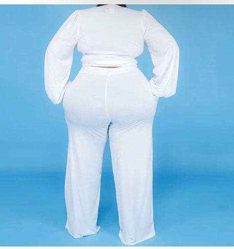 Women's Sexy Plus Size 2 Piece Outfits - Solid Color Wrap V Neck 2 Crop Tops + Pockets Wide Leg Pants Sets