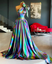 Load image into Gallery viewer, New In Colorful Evening Dresses One Shoulder   Bow Long Train Glitter Prom Party Dressing Gowns