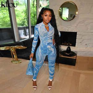 Kliou Aesthetic Printed Stretchy Bodycon Jumpsuit Women Fashion Sporty Casual Streetwear Zipper Skinny Sexy Hipster Clothing