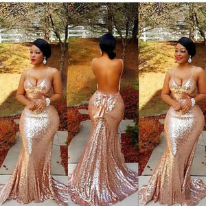 Rose Gold Mermaid Prom Dresses Sexy Open Backless Sequins  Evening Dresse