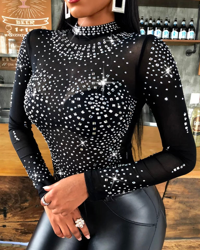 Sexy Glitter Shiny Rhinestone Bodycon Bodysuit Long Sleeve See Through Transparent Jumpsuit
