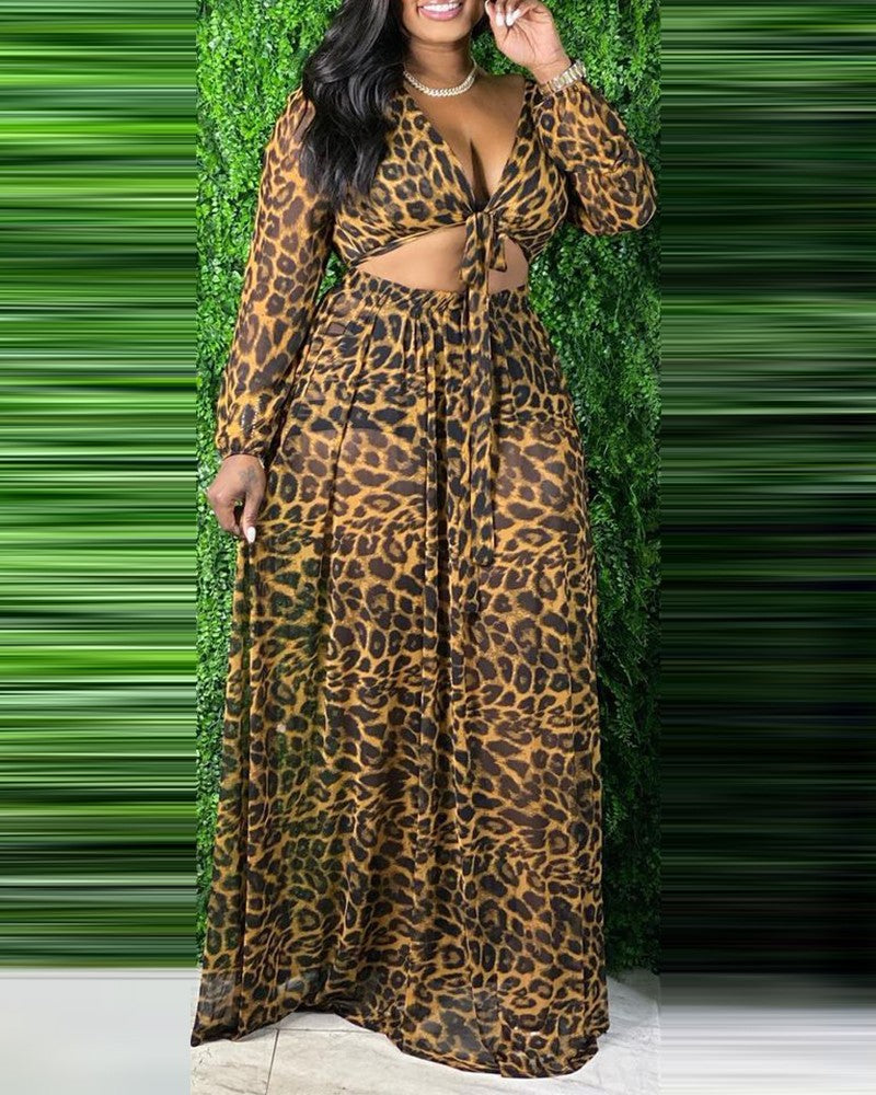 Leopard Print Tie Front Crop Top & Skirt Set