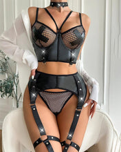 Load image into Gallery viewer, Contrast Fishnet PU Leather Garter Lingerie Set