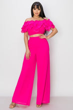 Load image into Gallery viewer, CHIFFON RUFFLED OFF SHLD TOP AND PA  Style