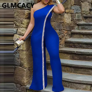 Women Irregular One Shoulder Jumpsuit Solid Sequined Detail Party Club Overalls Jumpsuit