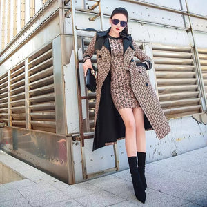 British Style Two Pieces Printed Coat Women Spring and Autumn New 2022 Temperament Clash Color Waist Windbreaker Long