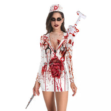 Load image into Gallery viewer, Party Horror Costumes Bloody Nurse Zombie Dress Cosplay Sexy Ladies Round Neck Long Sleeve Pack Hip Dress
