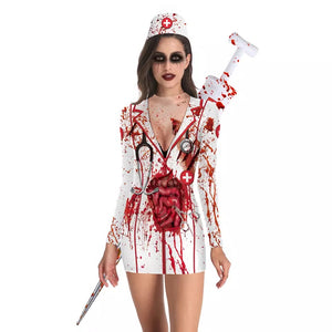 Party Horror Costumes Bloody Nurse Zombie Dress Cosplay Sexy Ladies Round Neck Long Sleeve Pack Hip Dress