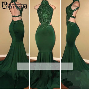 Emerald Green 2021 Prom Dresses Mermaid Halter Appliques Beaded Backless Long Prom Gown 