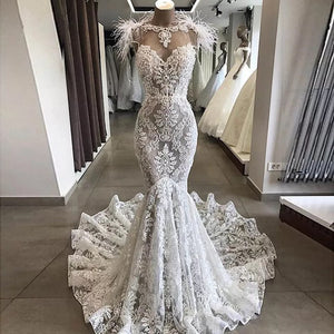 Exquisit Lace Mermaid Wedding Dress 2020 Luxury Pearls Sheer Neck Backless Cap Sleeves Wedding Bridal Dresses vestido de noiva