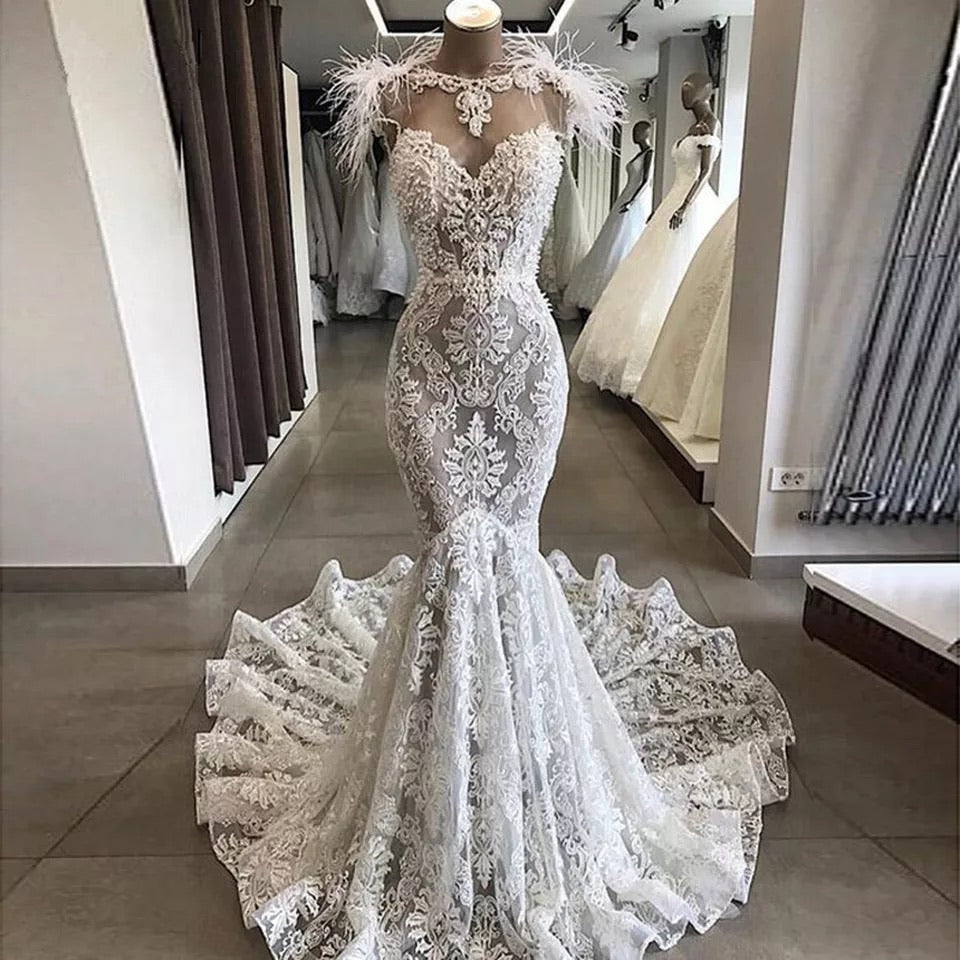 Exquisit Lace Mermaid Wedding Dress 2020 Luxury Pearls Sheer Neck Back –  Oceanglam Boutique