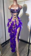 Load image into Gallery viewer, New Sexy Nightclub Bar Dance Costume Purple Sequins Feather Slit Long Dress Women Lead Dancer Party Performance Stage Wear