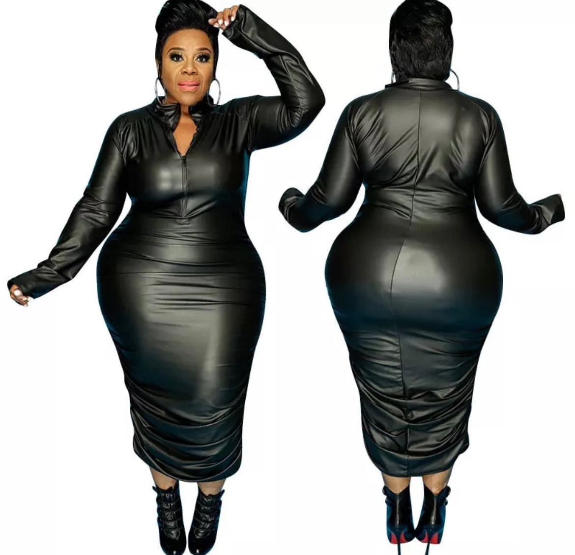 Leather Plus Size 5XL Dresses for Women Zip Up Full Sleeve Stretch Offie Lady Elegant Black Maxi Dress