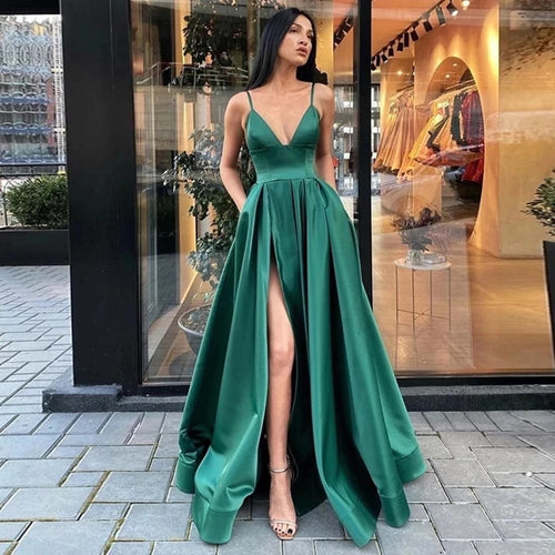 2022 Sexy V Neck Satin Evening Dresses Spaghetti Strap Side Slit Prom Dress Evening Gowns Party Dress 