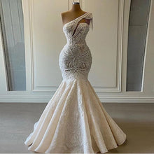 Load image into Gallery viewer, One Shoulder Mermaid Wedding Dresses Beaded Crystal Lace Applique Tassel Bridal gown 