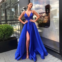 Load image into Gallery viewer, 2022 Sexy V Neck Satin Evening Dresses Spaghetti Strap Side Slit Prom Dress Evening Gowns Party Dress 