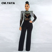 Load image into Gallery viewer, Glam Women Jumpsuit Solid High Collar Hot Drill Mesh Shoulder Cotton Long Sleeves