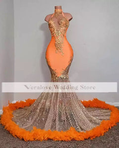 Sparkly Orange Mermaid Evening Dress High Neck Feather Beads