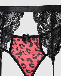 4PCS Leopard Print Contrast Lace Garter Lingerie Set With Robe