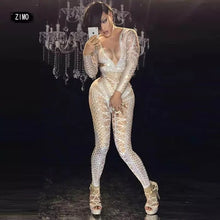 Load image into Gallery viewer, Sexy White glitter Jumpsuit womens rhinestone Costume