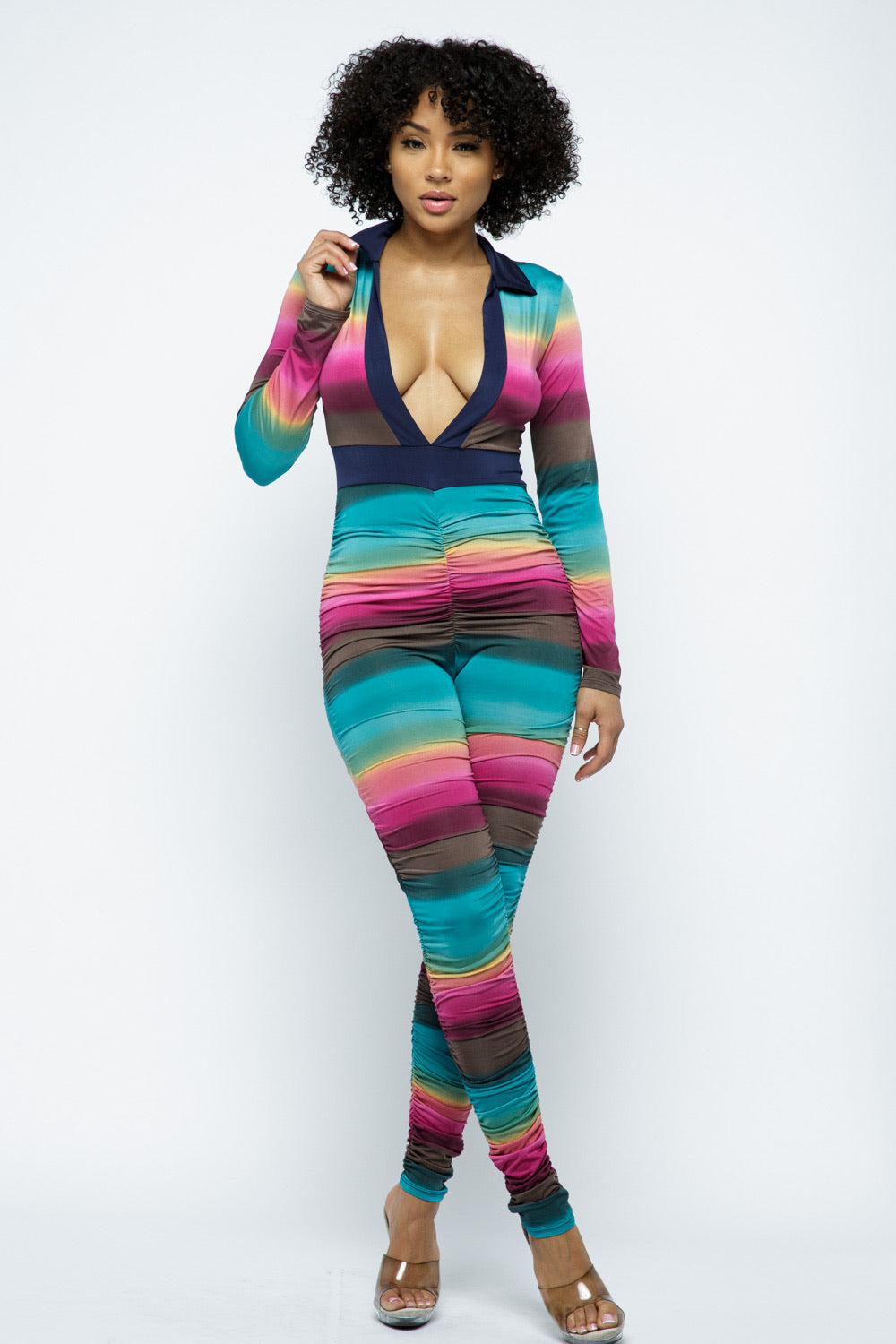 VENECHIA COLLARED SHIRRED PANT JUMPSUIT Fall Collection 