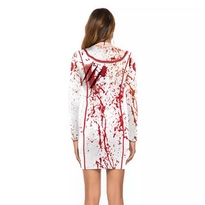 Party Horror Costumes Bloody Nurse Zombie Dress Cosplay Sexy Ladies Round Neck Long Sleeve Pack Hip Dress