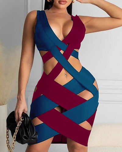 Colorblock Strappy Cutout Sleeveless Bodycon Dress