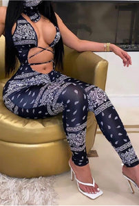 Printed Hollowed-out Lacing Jumpsuit 